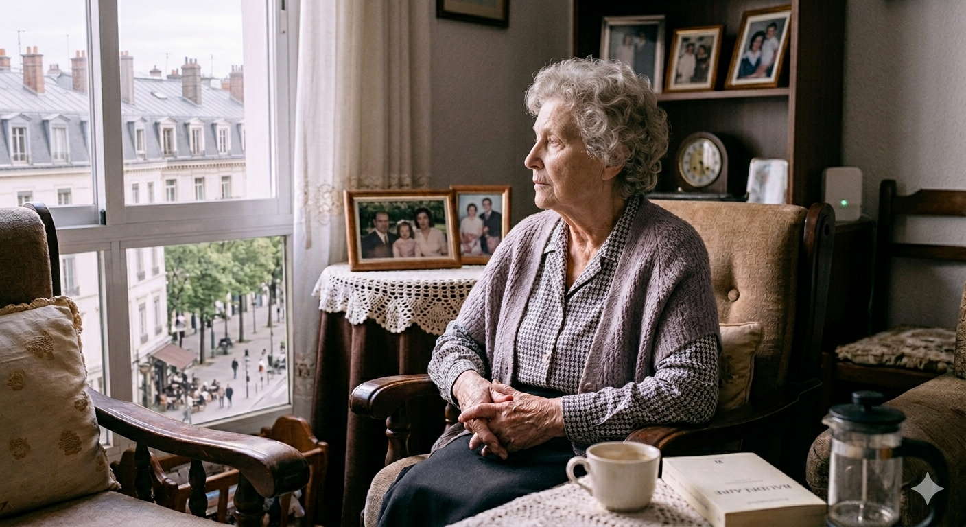 Une femme âgée assise seule chez elle, regardant par la fenêtre