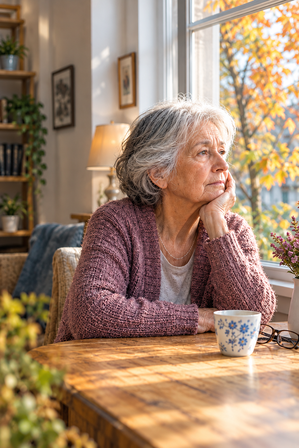 Older woman looking out of the window in autumn. CuidadIA Autumn Campaign: silence comes back home