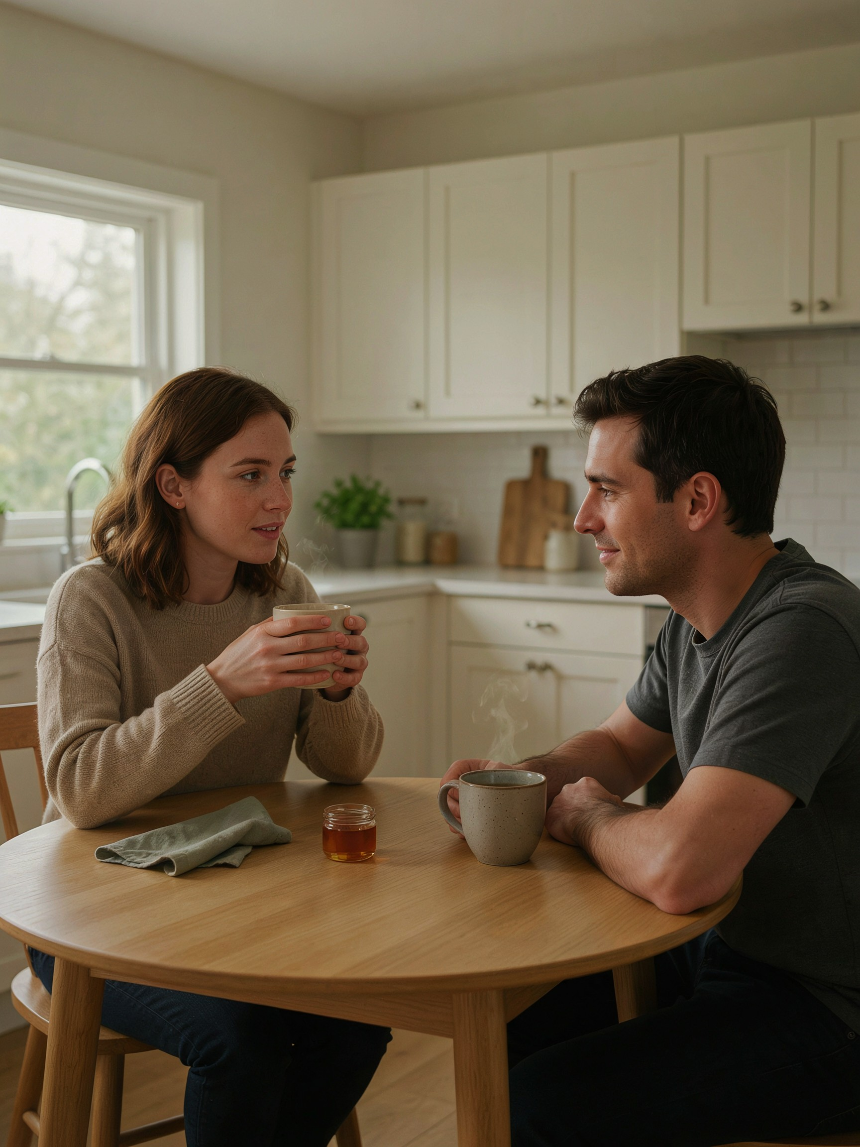 A couple talking calmly in their kitchen at home